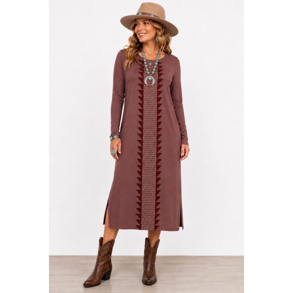 Organic Southwestern Midi Dress M/L/XL Geometric Embroidered Long Sleeve